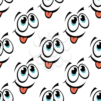 Cute happy repeat seamless emoticon face pattern with large googly eyes and a smile with a protruding tongue, cartoon illustration for kids