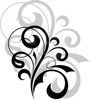 Ornate scrolling design element in black and white with an enlarged grey repeat or shadow behind it