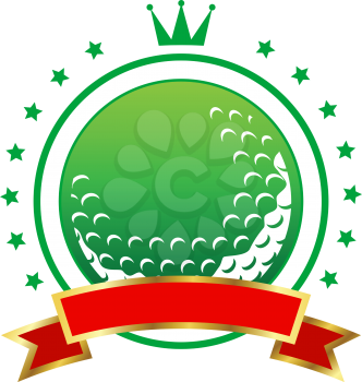 Golfing championship icon or winners banner with a green golf ball enclosed by a ring of stars topped with a crown and with a blank ribbon for your text