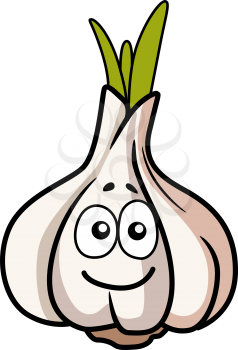 Cartoon illustration of a whole fresh garlic bulb with a cute smiley face on one of the cloves, isolated on white
