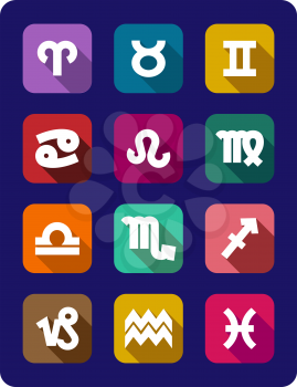 Colourful set of twelve flat icons showing the signs of the zodiac in relief on a blue background, vector illustration