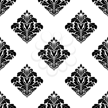 Black and white vector illustration of foliate arabesque motifs in a seamless diamond pattern suitable for textile or wallpaper