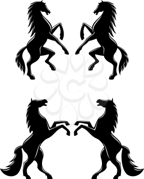 Silhouettes of two pairs of prancing rearing horses with flowing manes and tails in profile, black and white vector illustration