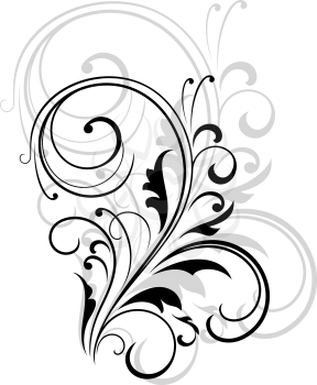 Simple black and white swirling floral element with a repeat enlarged pattern behind for an elegant retro design, vector illustration