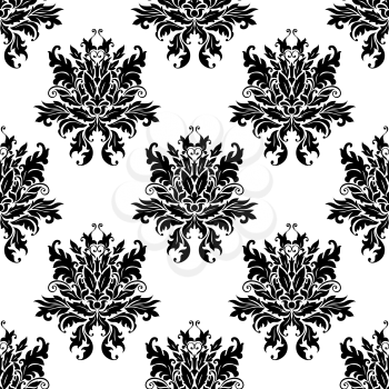 Ornate black and white floral arabesque design in a seamless pattern suitable for damask-style fabric or wallpaper, vector illustration