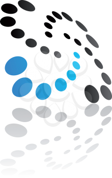 Abstract symbol of swirling dots in diminishing sizes with a curved oblique perspective and reflection in black and blue
