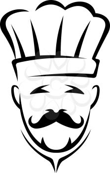 Stylized black and white icon of a chef, complete with moustache and chef's white hat, isolated over white background