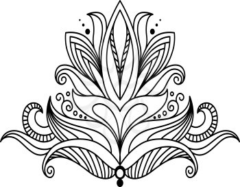 Black and white outline vector illustration of a single symmetrical floral design element