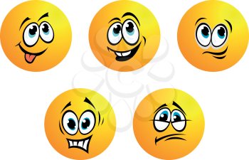 Five cute yellow round vector emoticons with blue eyes showing a range of expressions including fear, disappointment, bashful, smiling and toothy laughter