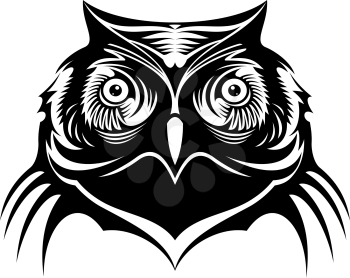 Black and white doodle sketch of the head of a wise old owl with big eyes looking at the viewer