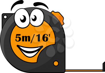 Vector cartoon illustration of a 5 metre or 16 foot long retractable tape measure with a cute smiley face isolated on white