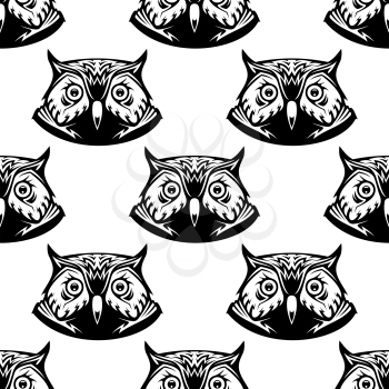 Black and white seamless pattern of wise owl heads with big eyes looking directly at the viewer, vector illustration