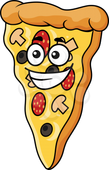 Cute slice of cartoon pizza with a happy smile and a topping of cheese, salami and mushrooms, vector illustration