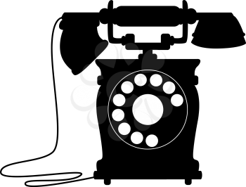 Black and white silhouette illustration of an old-fashioned dial up telephone with a handset on a cradle