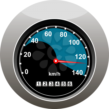 Car speedometer showing someone speeding at 130 kilimotres per hour and a high mileage over 123000 kilometres, isolated on white