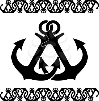 Black and white nautical border and design element of crossed anchors in a silhouette, vector illustration