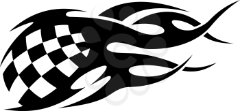 Checkered black and white motor sport flags blowing in the wind of passing racing cars with speed trails, vector illustration