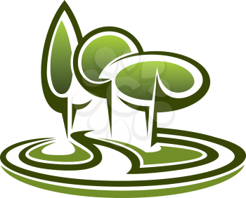Stylized vector design icon in black and green of three different green trees in a landscaped park