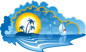 Vector cartoon illustration of an idyllic tropical island with palm trees and a yacht or sailboat depicting a summer vacation, travel or cruise