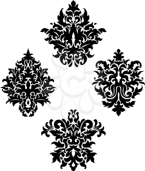 Four different black and white foliate arabesque motifs arranged in a diamond pattern on a white background