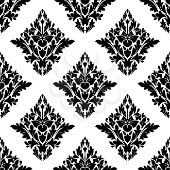 Seamless arabesque pattern with a diamond shaped floral motif in a repeat pattern in black and white suitable for textiles and wallpaper