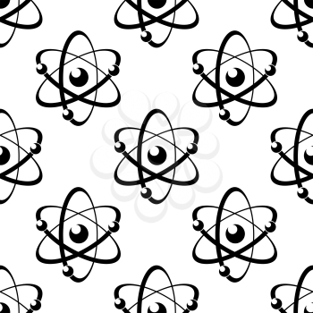 Black and white illustration of a seamless pattern with atoms, on white background