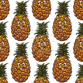 Seamless background with funny cartoon happy pineapple character, on white background