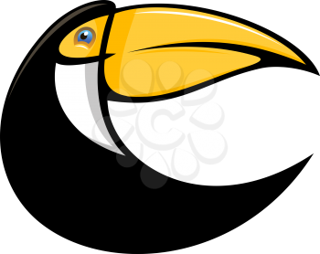 Cartoon illustration of a stylized curved toucan bird in black with a large colourful orange bill isolated on white