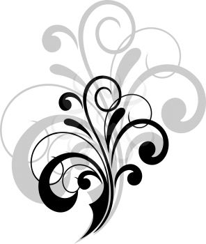 Simple swirling calligraphic design with a foliate motif in black and white with a larger grey repeat behind as a decorative element on white