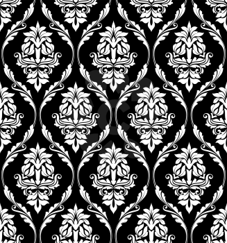 Black and white damask-style design of floral arabesques in a heavy repeat seamless pattern suitable for print and textile