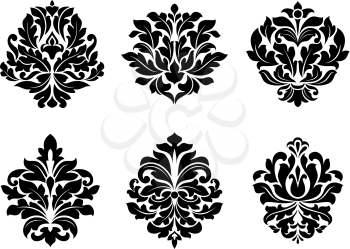 Six different black and white floral and foliate arabesque designs suitable for textiles like damask or as design elements