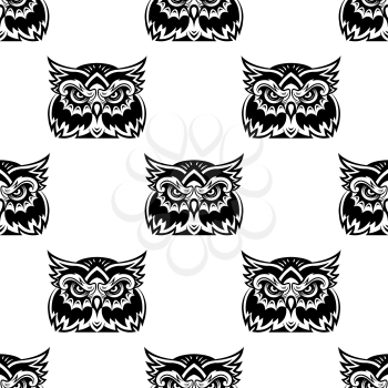 Black and white seamless vector pattern of a cute little wise old owl looking at the camera