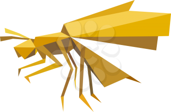 Flying bee insect  in origami style composed of geometric elements and shapes with antennae, open wings and six legs in shades of brown isolated on white