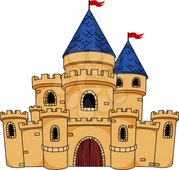 Cartoon illustration of an old medieval castle or fortress with a central arched door, towers, turrets and flying flags