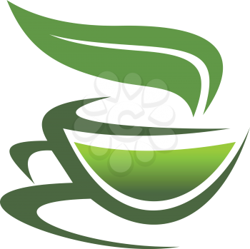 Flowiing stylized design illustration of a steaming cup of tea in green or an a white background