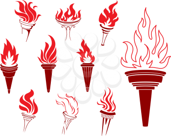 Collection of burning torches with flames in different shaped and sized sconces suitable as design elements