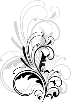Black and white decorative vintage swirling foliate design element superimposed over a larger repeat in grey behind