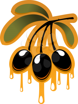 Cartoon illustration of a bunch off ripe olives dripping golden olive oil on a white background