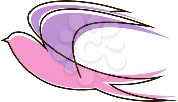 Cartoon illustration of a beautiful graceful flying swallow with outspread wings and tail in pink and a soft lilac or purple, side view on white