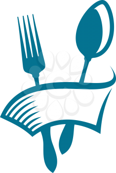 Restaurant , cafeteria or eatery icon with a blank banner wrapping around a spoon and fork in a simple cartoon design