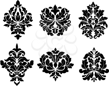 Collection of six different arabesque designs with floral and foliate elements in damask style, black and white vector designs on white