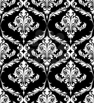 Black and white vintage damask pattern with foliate arabesque elements in a seamless pattern suitable for textile or wallpaper