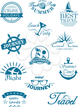 Collection of travel icons in blue depicting travel, journey, summer, beach party, flights and cruises for use in the tourist industry to promote that unforgettable tropical summer vacation