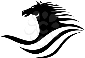 Black and white vector silhouette of a dynamic horse head icon in profile with a flowing mane
