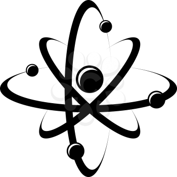 Black symbol of an atom made of nucleus, proton, neutron and electron, in motion, isolated on white background