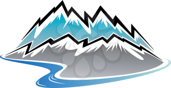 Snow covered mountains, peaks and river in cartoon style