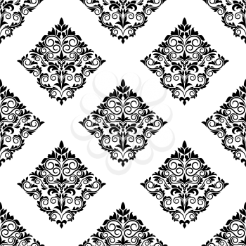 Geometric arabesque seamless black and white silhouette pattern with ornate floral diamond shaped motifs in white borders