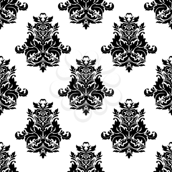 Black and white foliate arabesque motif seamless pattern suitable for damask-style fabric, wallpaper or prints, vector silhouette illustration