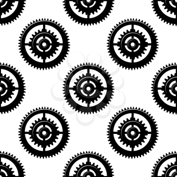 Black and white background seamless pattern of toothed circular motifs or gears in concentric circles in a bold geometric repeat pattern