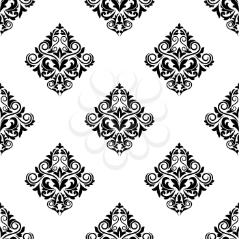 Damask-style seamless arabesque pattern with floral motifs in a geometric diamond pattern, black and white vector illustration